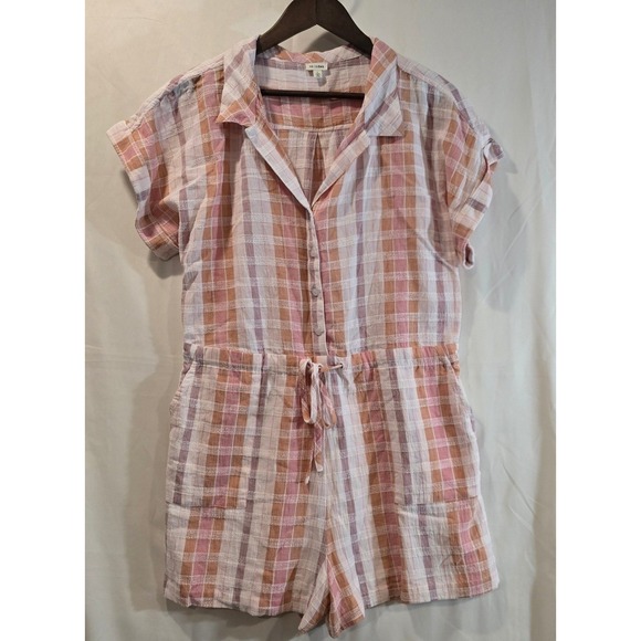 EN CRÈME Pants - EN CRÈME Plaid Button Up Drawstring Waist Romper Pajama Style Pink Orange SIze L